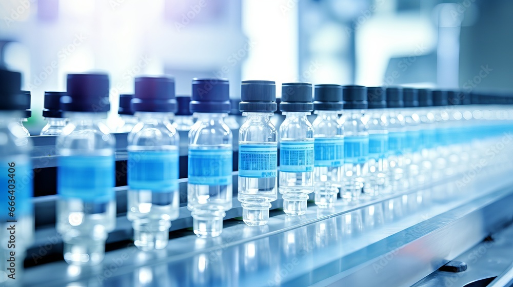 Medical vials moving through a production line in a pharmaceutical factory Medical vials moving through a production line in a pharmaceutical factory