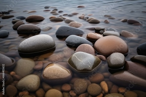 smooth stones on shore. Generative AI