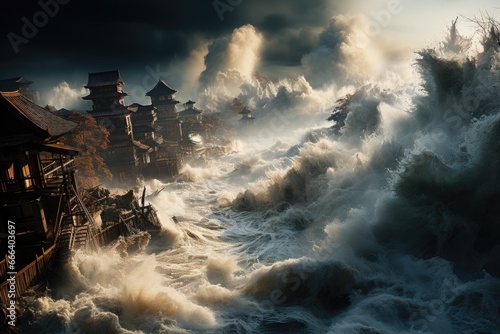 Devastating tsunami, portraying the immense destruction and chaos left in its wake. © YouraPechkin