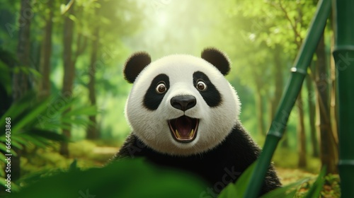 Playful panda on beautiful bamboo forest scenery, Chinese bear ailuropoda melanoleuca © CYBERUSS
