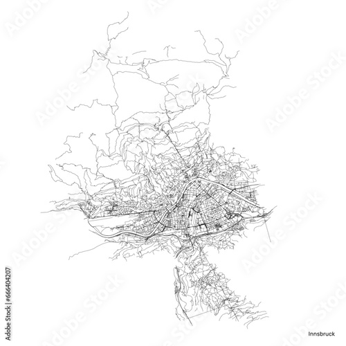 Innsbruck city map with roads and streets, Austria. Vector outline illustration.
