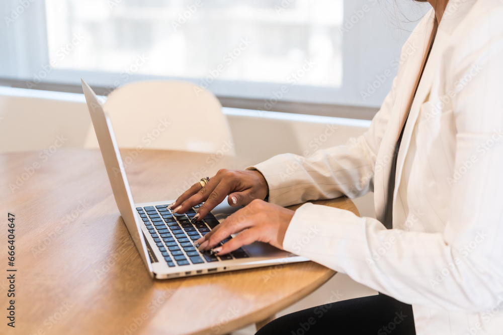 Fototapeta premium Businesswoman working with laptop on a wooden table