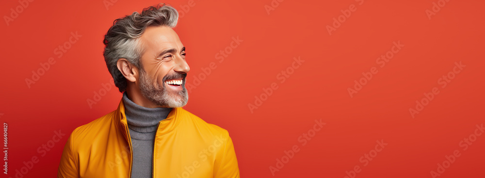 Portrait of happy young handsome man smiling on bright colors studio background, Attractive cheerful man having fun banner with copyspace Portrait of happy young handsome man smiling on bright colors studio background, Attractive cheerful man having fun banner with copyspace