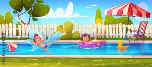Children swim in pool on backyard garden cartoon. Happy little girl and american boy friends on swimming party with inflatable ball. Cute joyful family activity on sunny day outside home with grass