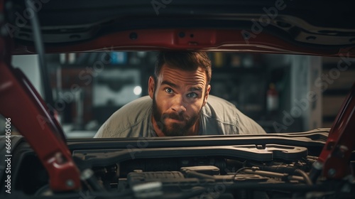 Young bearded mechanic is looking under the car hood © andrew_shots