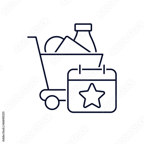 Trolley with goods and calendar with a star. Super discount day. Vector linear icon isolated on white background.