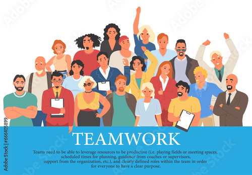 Teamwork motivation poster with people business partners and colleagues