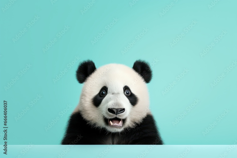 Naklejka premium Studio headshot portrait of surprised panda on bright colors studio background