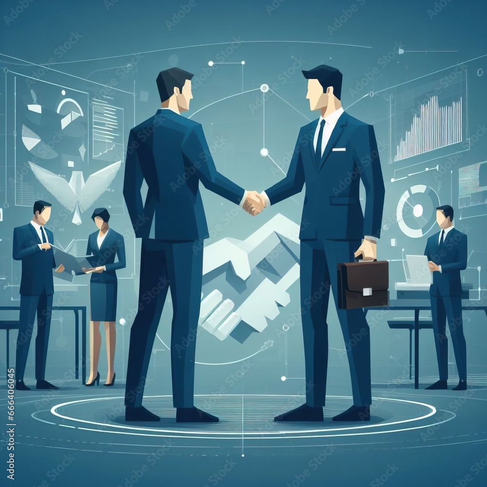 Businessmen shake hands after the successful completion of the deal. Creative poster in trendy low poly style.