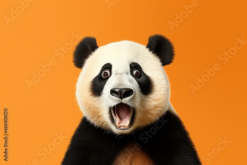 Studio headshot portrait of surprised panda on bright colors studio background