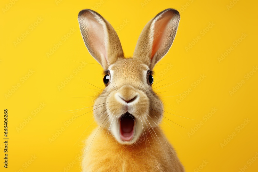 Obraz premium Studio headshot portrait of surprised rabbit on bright colors studio background