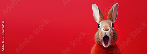 Studio headshot portrait of surprised rabbit on bright colors studio banner with empty copyspace photo