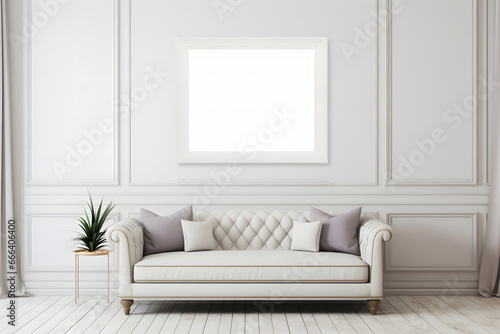 blank, empty photo frame mockup in a white luxury living room with sofa