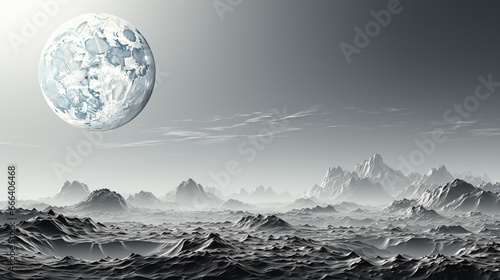 dark illustration of a planet's surface, with craters and extinct volcanoes