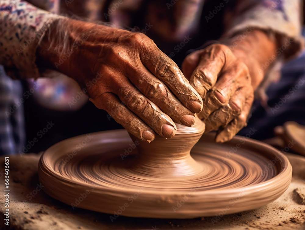 hands of a potter forming clay on a potter's wheel in action, creative process, making pottery, Heritage Craft. hands of a potter forming clay on a potter's wheel in action, creative process, making pottery, Heritage Craft.