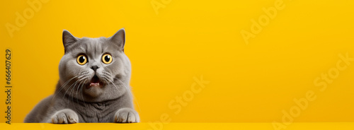 Studio portrait of surprised cat sitting on bright colors studio banner with empty copyspace photo