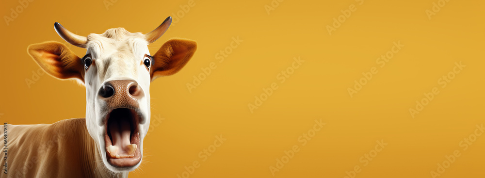 Studio portrait of surprised cow standing on bright colors studio banner with empty copyspace Studio portrait of surprised cow standing on bright colors studio banner with empty copyspace