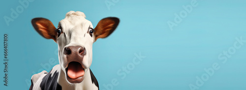 Studio portrait of surprised cow standing on bright colors studio banner with empty copyspace