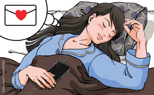 嬉しいことがあって微笑みながら眠る若い女性