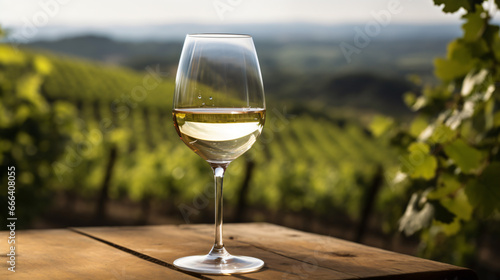 Glass of white wine on table with blurry landscape