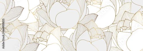 Floral luxury background with white lotus flowers and golden outline. Vector background for decor, wallpaper, covers, cards and presentations.