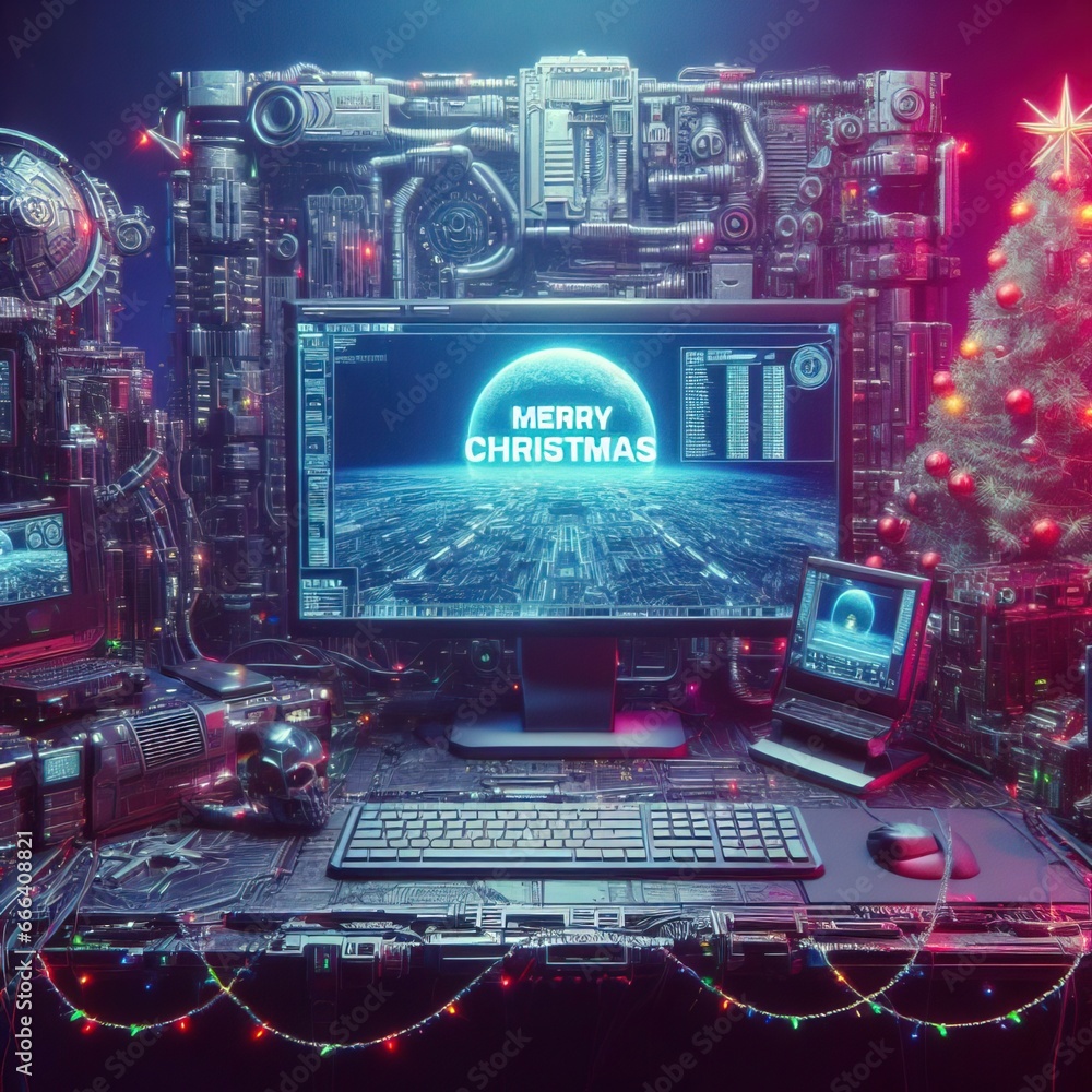 Christmas card in cyberpunk style. A display of laptop in a festive techno environment. A creative and modern idea for holiday greetings.