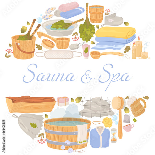 Sauna and spa advertising poster with different tools and equipment