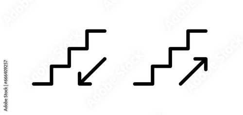 Stairs up and down icon with arrow. Stairway direction sign. Up and down stair symbol. Escalator black pictogram. Vector illustration isolated on white background. Editable stroke.