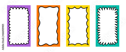 Doodle scalloped frames in hippie style. Psychedelic retro border. Funky text box background. Pop vintage groovy rectangle frame. Vector illustration. Design element for social media story and post.