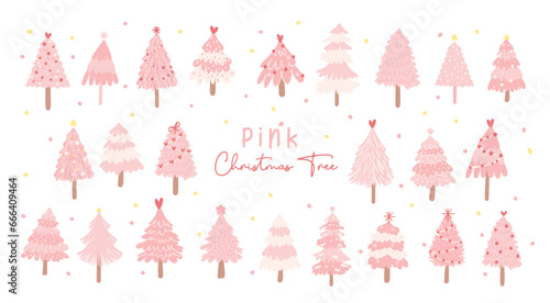 Festive Pink Christmas Tree Set. Cheerful Flat Design Collection