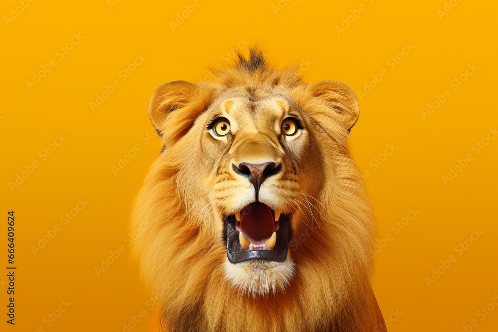 Studio portrait of surprised lion on bright colors studio background