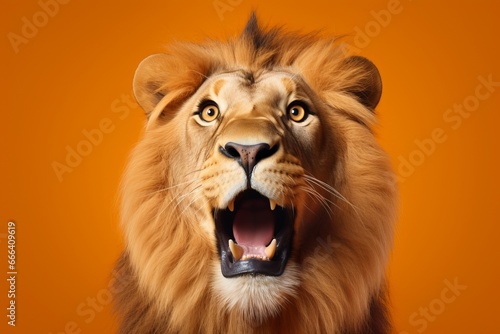 Studio portrait of surprised lion on bright colors studio background