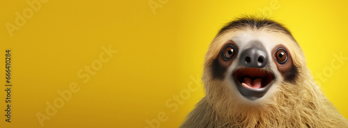 Studio portrait of cute sloth on bright colors studio banner with empty copyspace