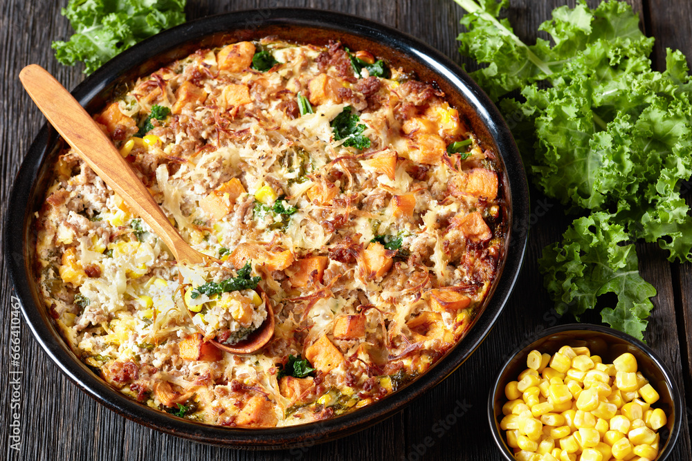 Sausage Hash Brown Breakfast Casserole, top view Sausage Hash Brown Breakfast Casserole, top view