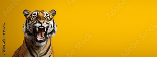 Studio portrait of tiger on bright colors studio banner with empty copyspace
