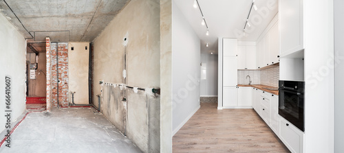 Photo collage of old apartment and new renovated room with parquet floor, kitchen counter, stove and white kitchen furniture. Concept of home renovation, restoration and refurbishment.