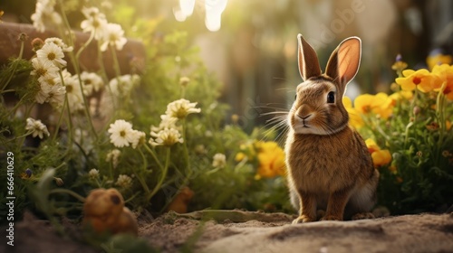 Portrait of rabbit on beautiful scenery background, Cute bunny sitting on the ground © CYBERUSS