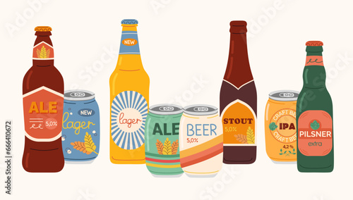 Set of hand drawn beer in aluminum cans and glass bottles. Different beer types with colored labels. Design elements for menu restaurant, bar, pub.