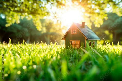 Miniature wooden house in summer grass