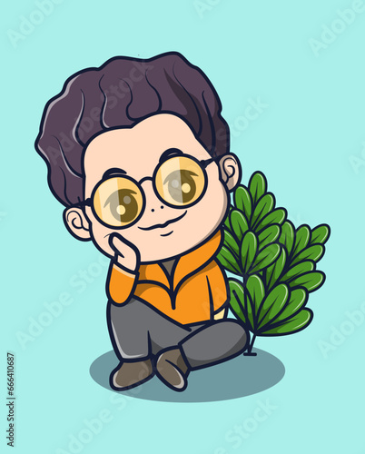 vector illustration of a young man sitting stylishly with plants around him. lifestyle icon concept