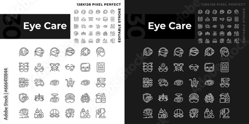 Pixel perfect light and dark icons set representing eye care, editable thin line illustration.