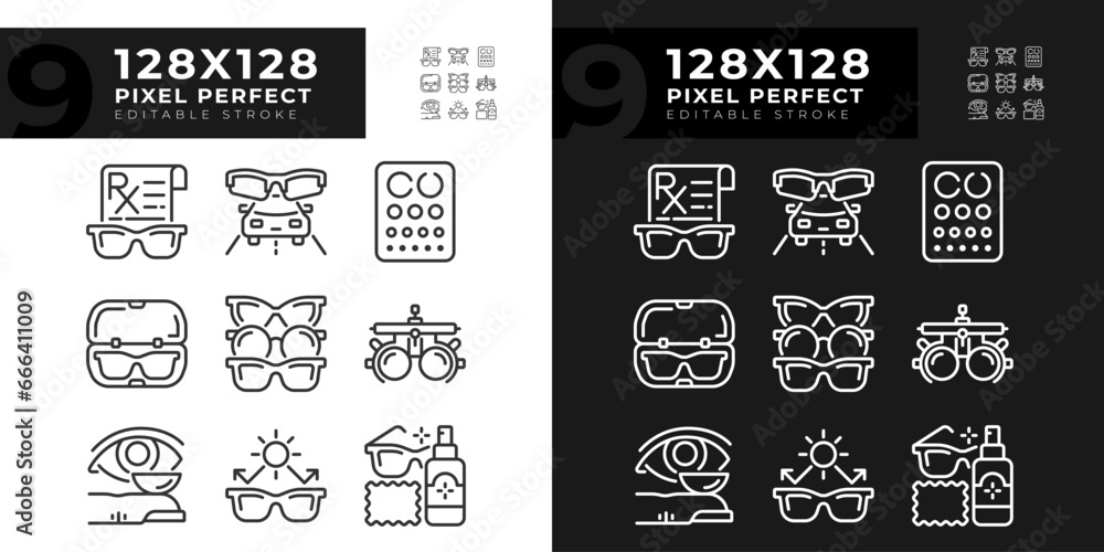 Pixel perfect light and dark icons set of eye care, editable thin linear illustration. Pixel perfect light and dark icons set of eye care, editable thin linear illustration.