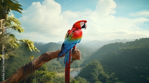 Scarlet macaw Ara macao on beautiful amazon forest background, Red and Blue Neotropical parrot native to humid evergreen forests of the Americas photo