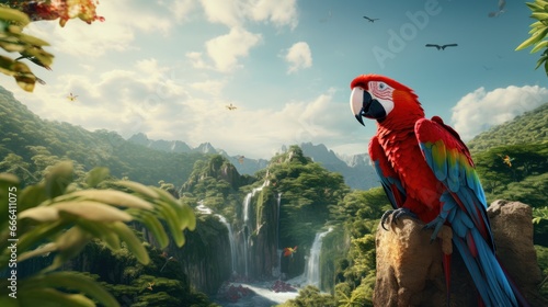 Scarlet macaw Ara macao on beautiful amazon forest background, Red and Blue Neotropical parrot native to humid evergreen forests of the Americas photo
