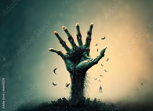 Halloween, dead hand coming out from the soil in the graveyard