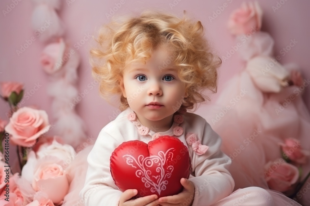 A young child with curly blonde hair with a heartfelt expression holding a symbol of love A young child with curly blonde hair with a heartfelt expression holding a symbol of love
