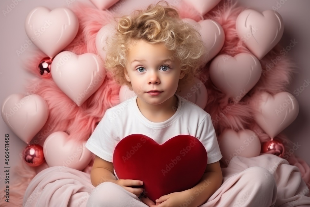 A young child expressing love and affection while sitting on a bed holding a red heart pillow.