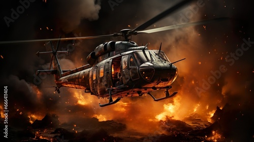 helicopter on war zone fire and smoke explosion background