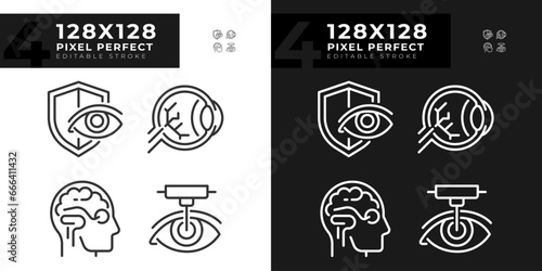 Pixel perfect light and dark icons collection representing eye care, editable thin line illustration.