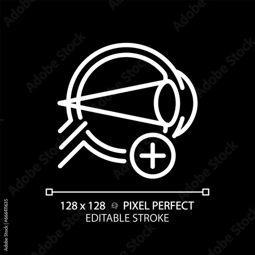 2D pixel perfect editable white hyperopia icon, isolated vector, thin line illustration representing eye care.